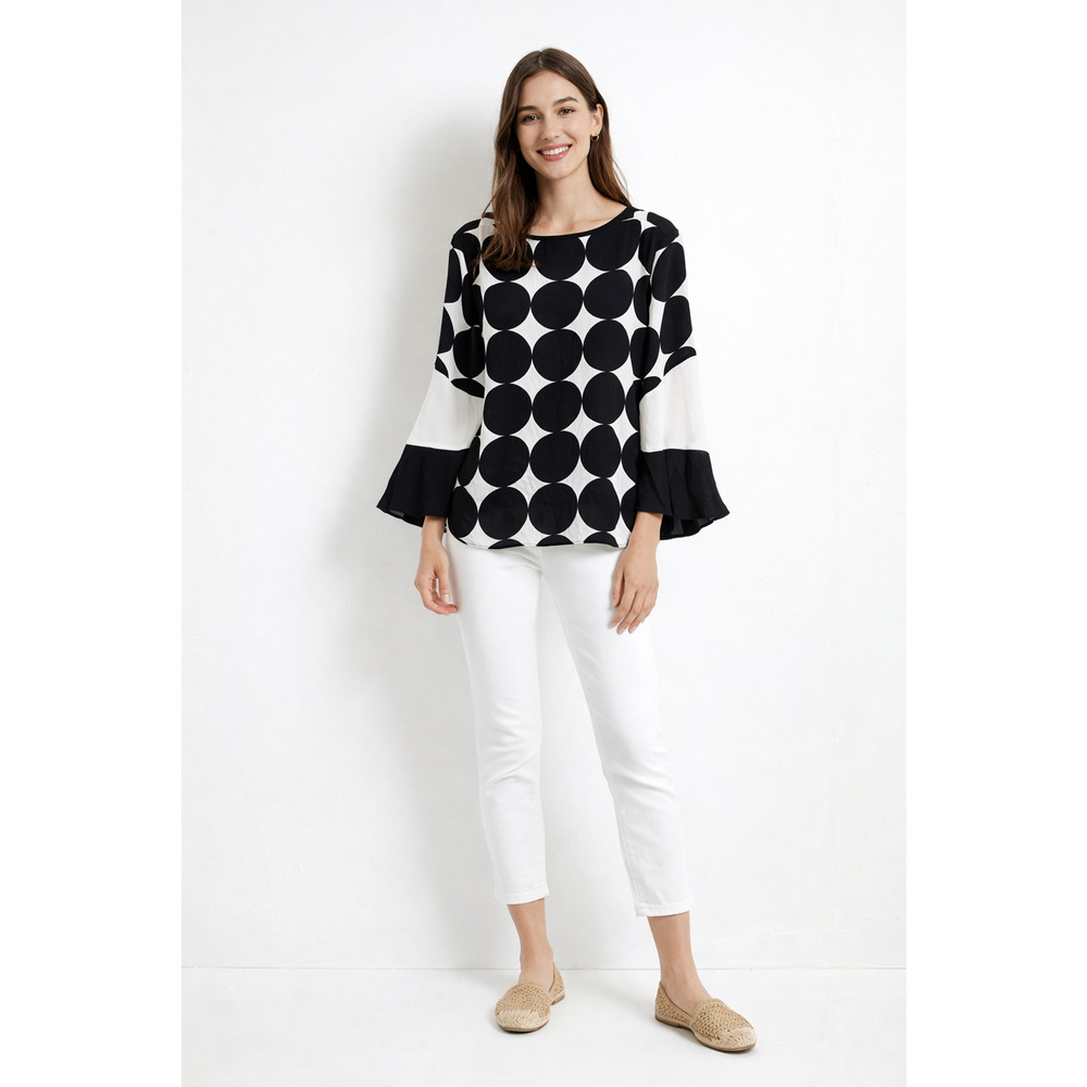 Chico's‎ Polka Dot Blouse Women's Black White Flare Sleeve Shirt Size 3 USA XL